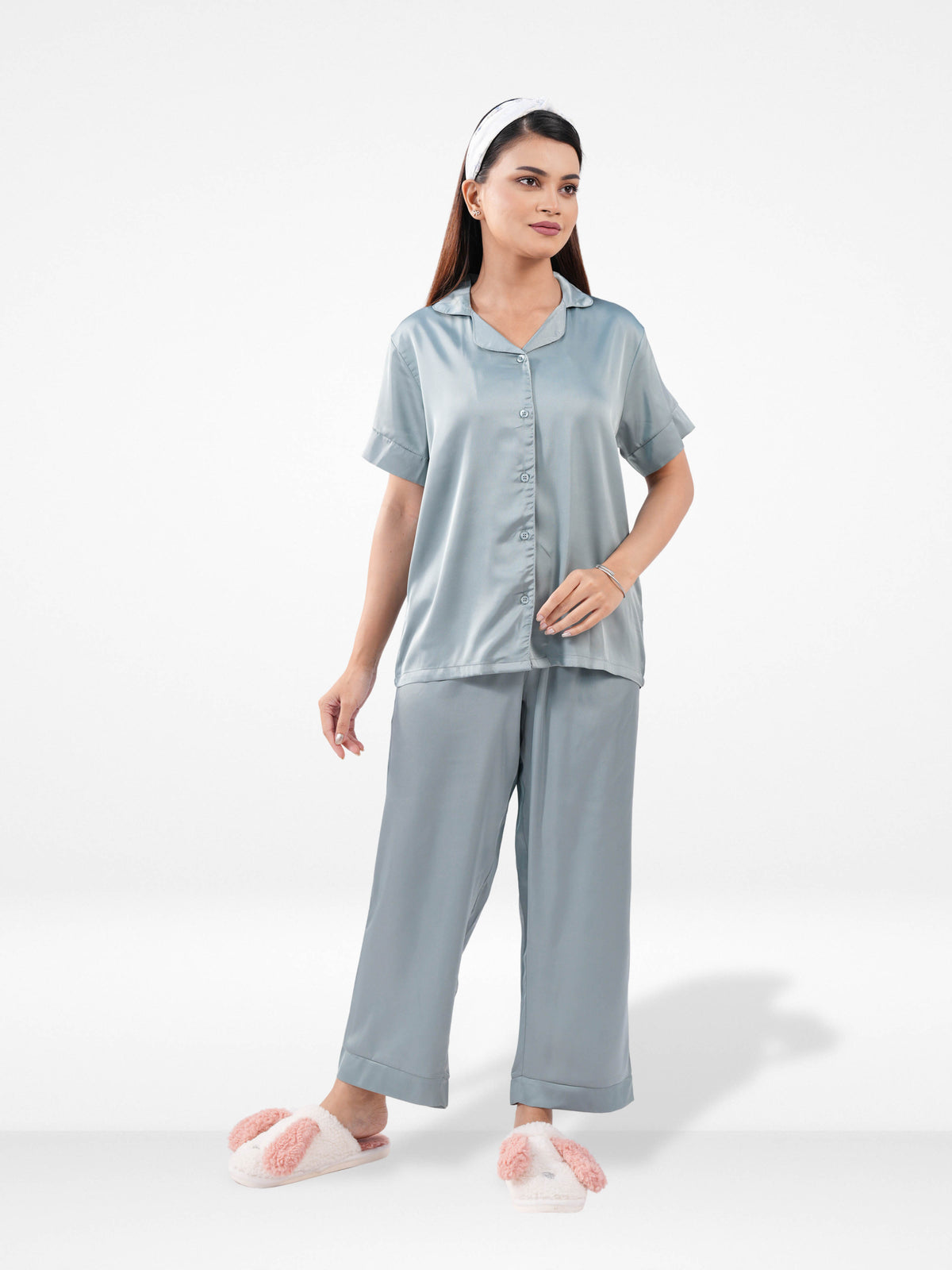 Satin Pajama Set for Women - Button Down, Short Sleeve Long Pant