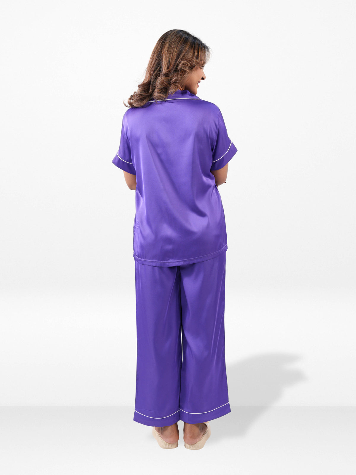 Satin Pajama Set for Women - Contrast Piping, Notch Collar, Button Down, Short Sleeve Long Pant & Sleep Eye Mask