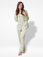 Satin Pajama Set for Women - Contrast Piping, Notch Collar, Button Down, Long Sleeve &amp; Long Pant-Inteblu™