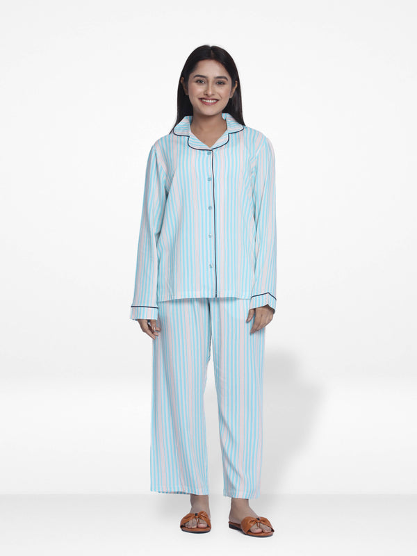 Women Mint Stripe Sleepwear Long Sleeve Pyjama Set