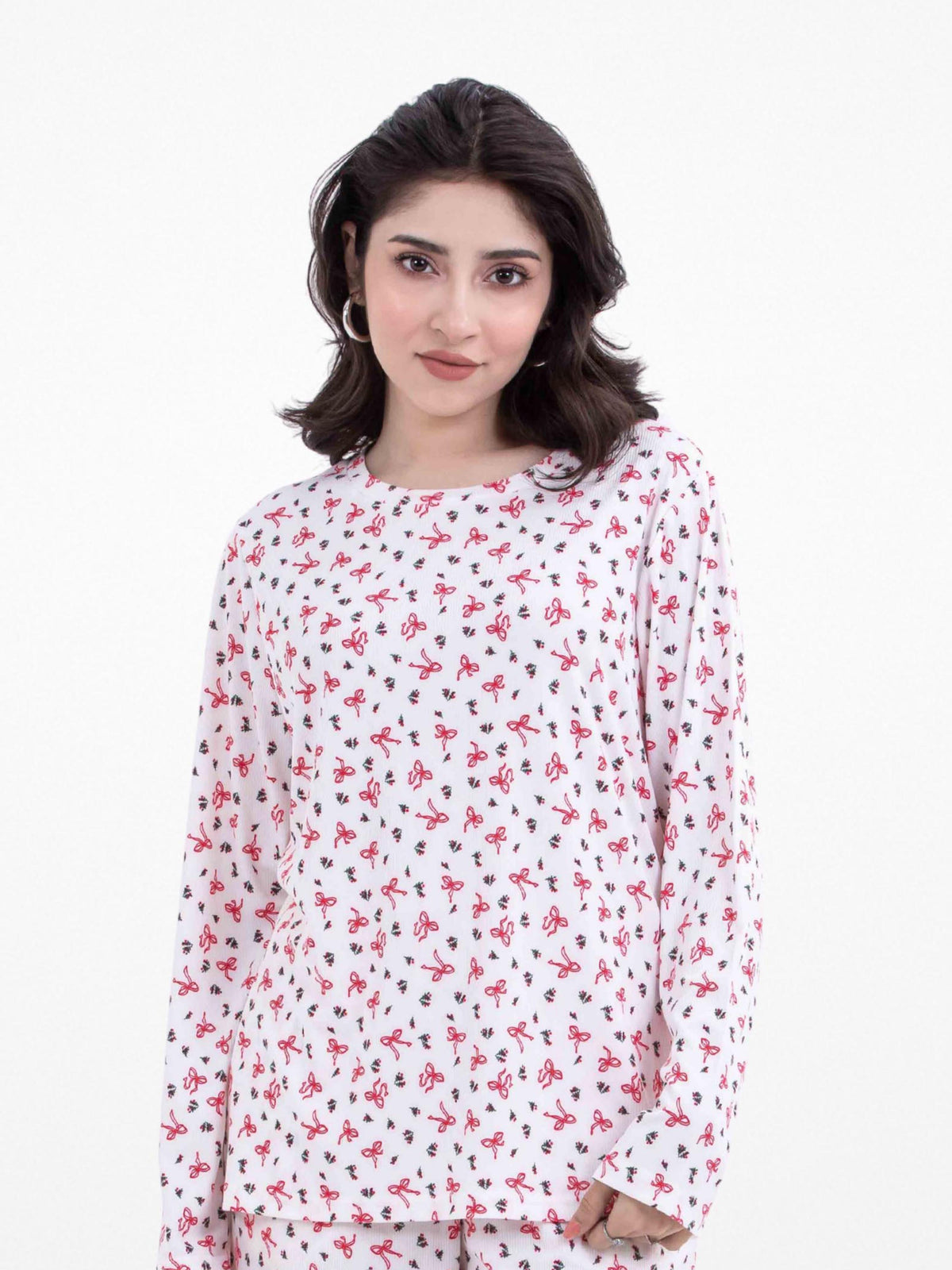 Women’s Long-Sleeve Crew Neck Pajama Top | All-Over Print Sleepwear Shirt | Soft & Stretchy Yummy Rib Fabric | Lounge Top - Egret