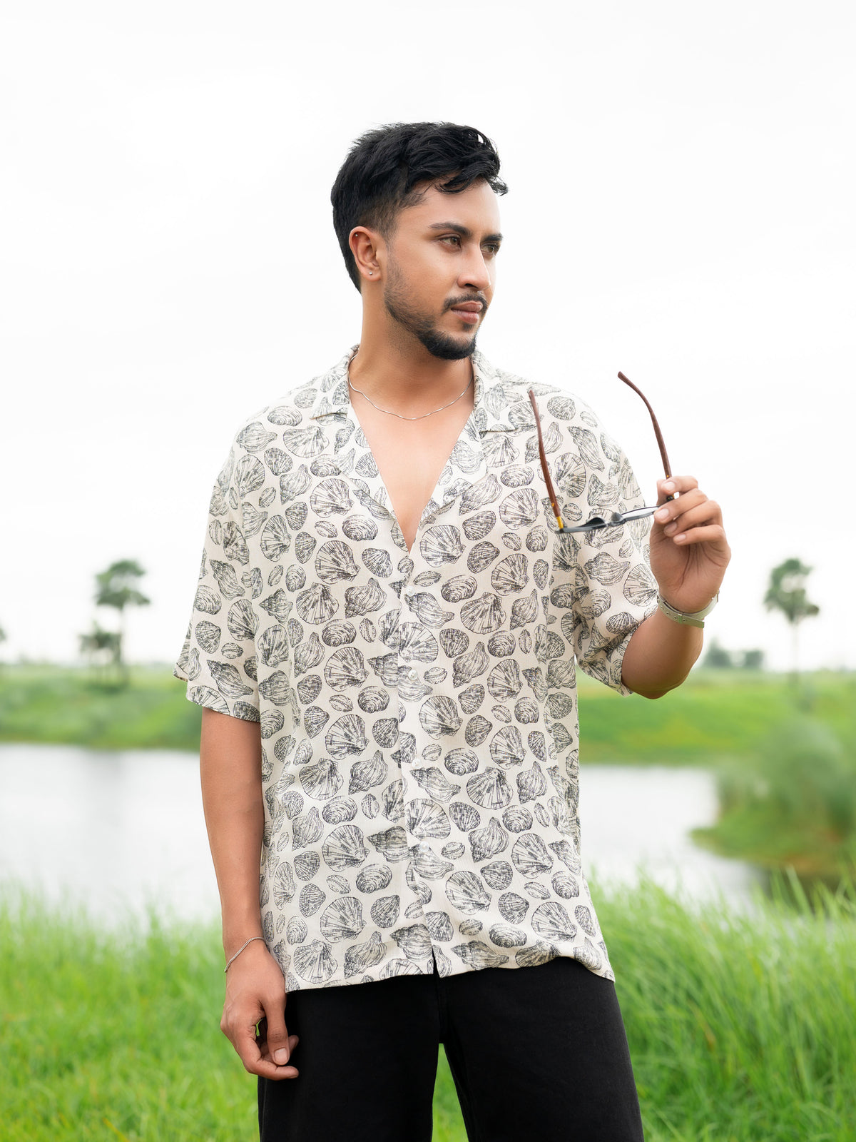 Men’s All Over Printed Cuban Collar Shirt – Short Sleeve Casual Summer Shirt