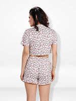 Women’s All Over Printed Crop Top Set – Crew Neck Half Sleeve Tee & Matching Bottom | Trendy Casual Two-Piece Wear