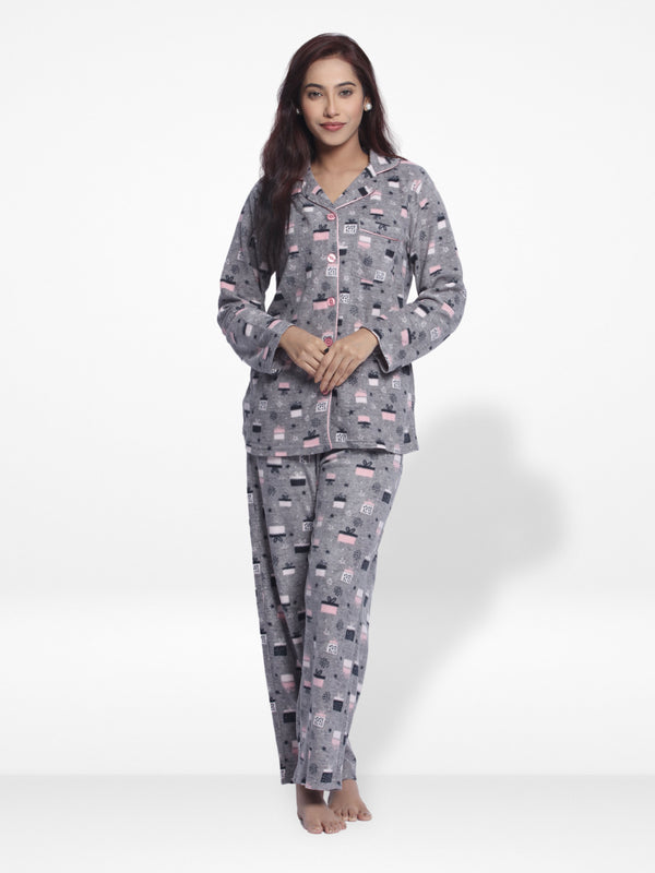 Women Micro Polar Fleece Grey Animal print Sleepwear Long Sleeve Pyjama Set