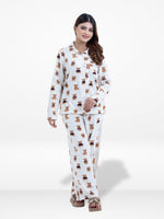 Women’s Teddy Bear Printed Pyjama Set – Micro Polar Fleece Long Sleeve Sleepwear Notch-Collar, Soft & Cozy 2-Piece Winter Nightwear