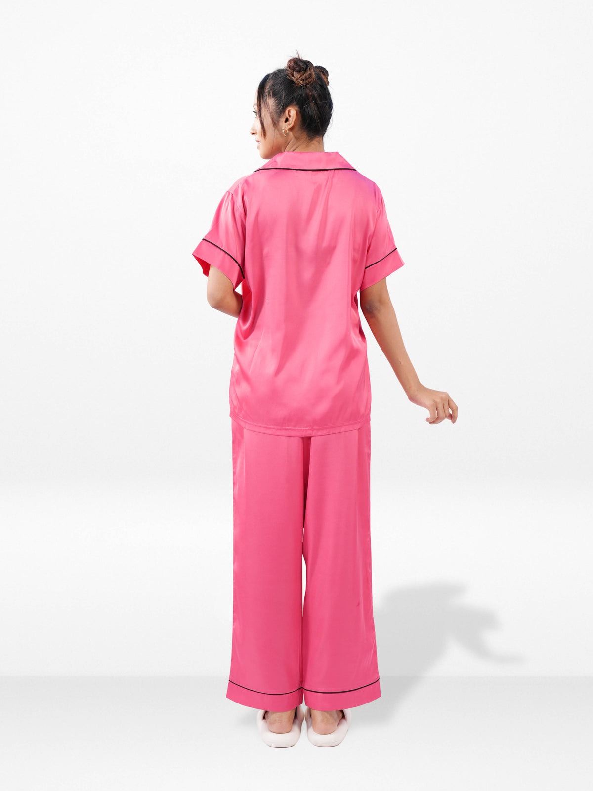 Satin Pajama Set for Women - Contrast Piping, Notch Collar, Button Down, Short Sleeve Long Pant & Sleep Eye Mask