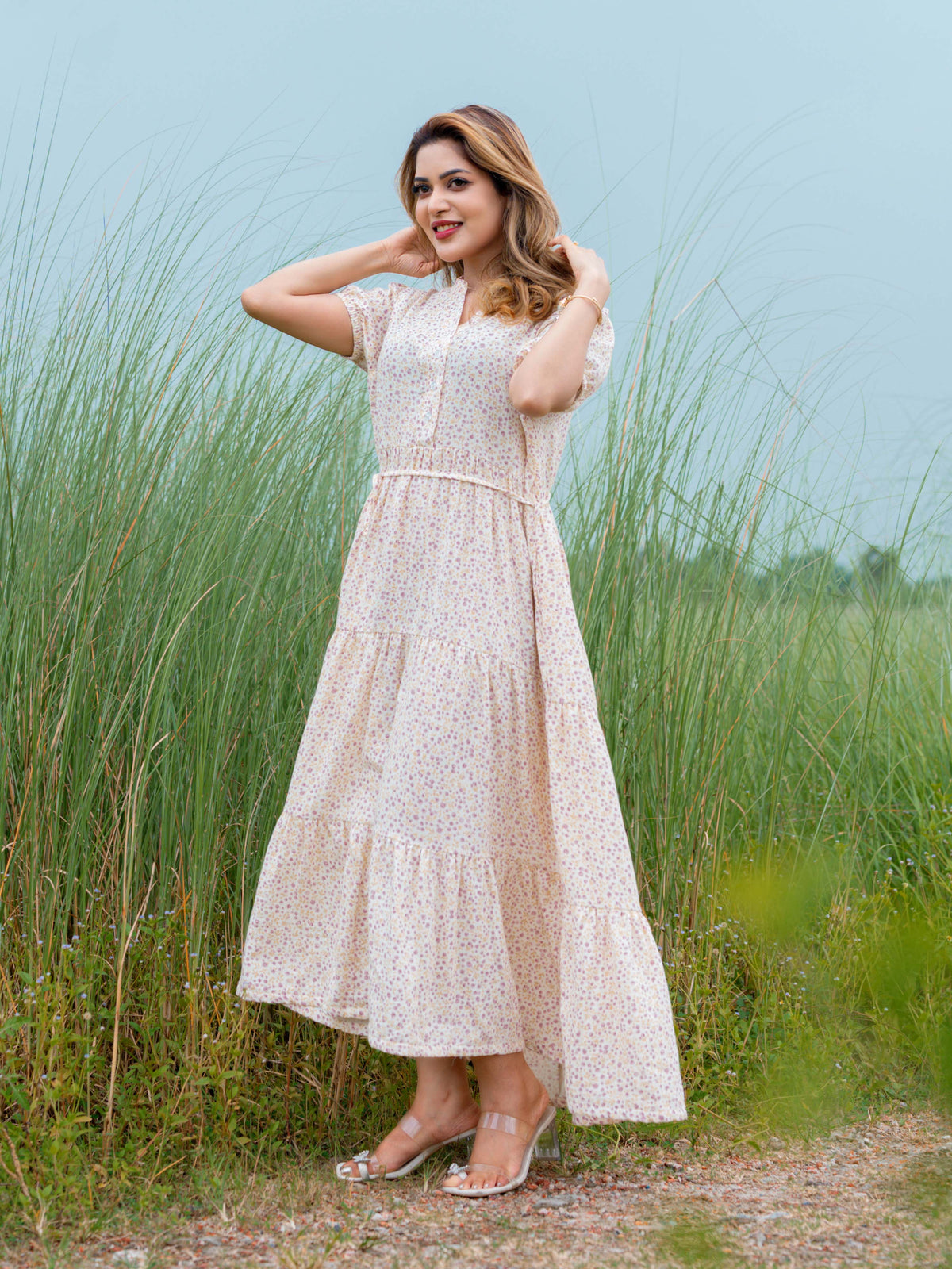 Women’s Floral Printed Short Puff Sleeve Long Dress | Casual Outfit for Party, Vacation & Weekend Wear