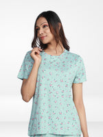 Women’s All Over Printed Short Sleeve Lounge Top | Soft Stretch Yummy Rib Fabric | Crew Neck Casual Sleepwear & Loungewear Top - Ether