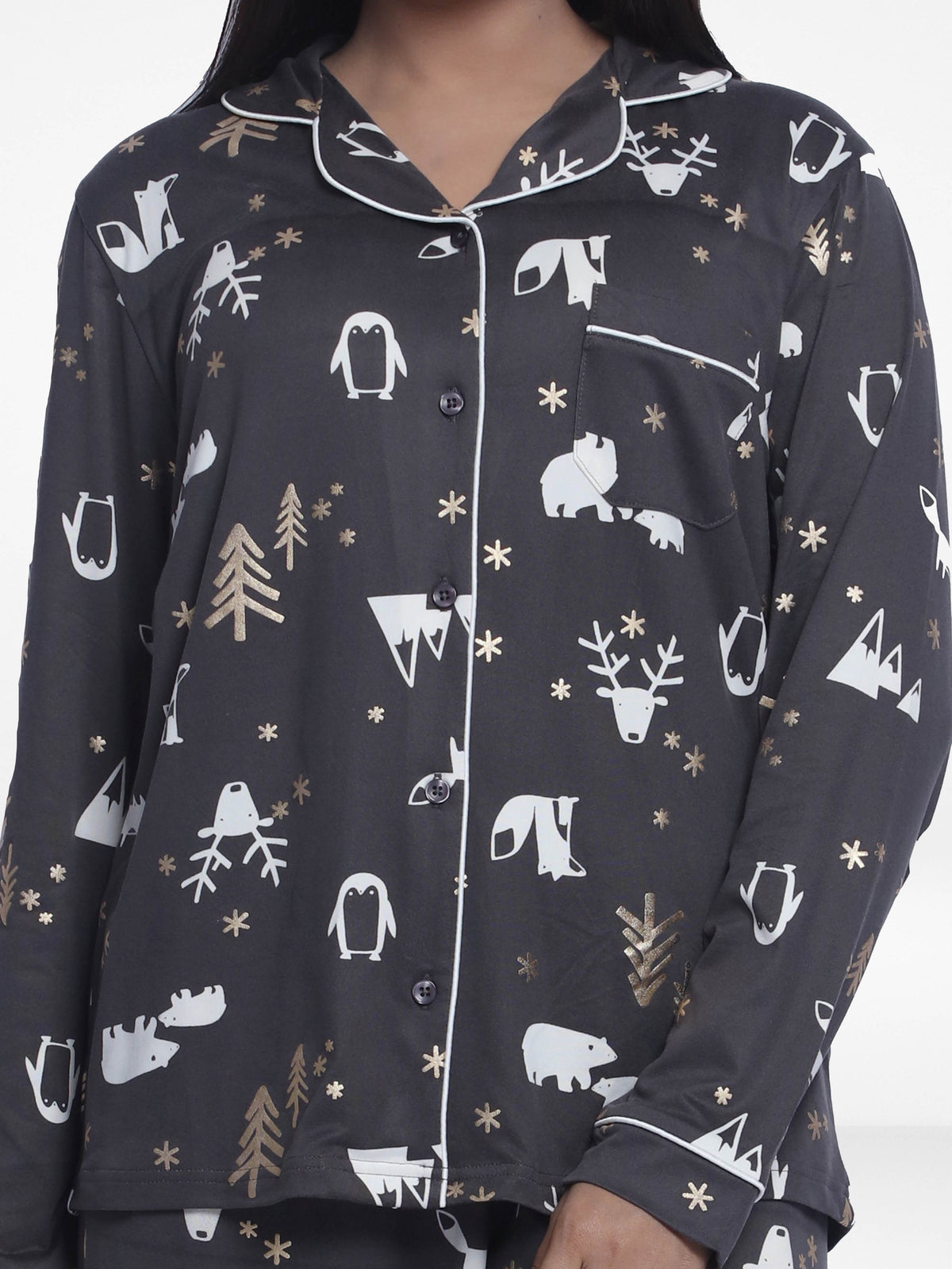 Women Sleepwear Long Sleeve Pyjama Set Dark Grey Aop
