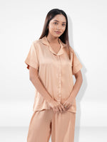 Satin Pajama Set for Women - Button Down, Short Sleeve Long Pant