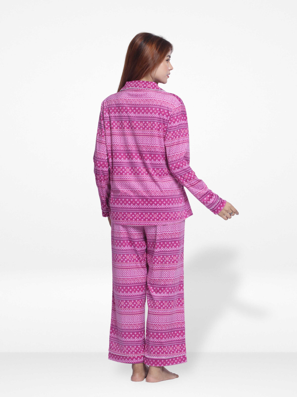 Women Velour Sleepwear Long Sleeve Pink Aop Pyjama Set