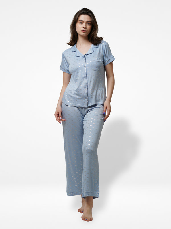 Women Printed Night Suit Set of Shirt & Pyjama, Night wear Dress