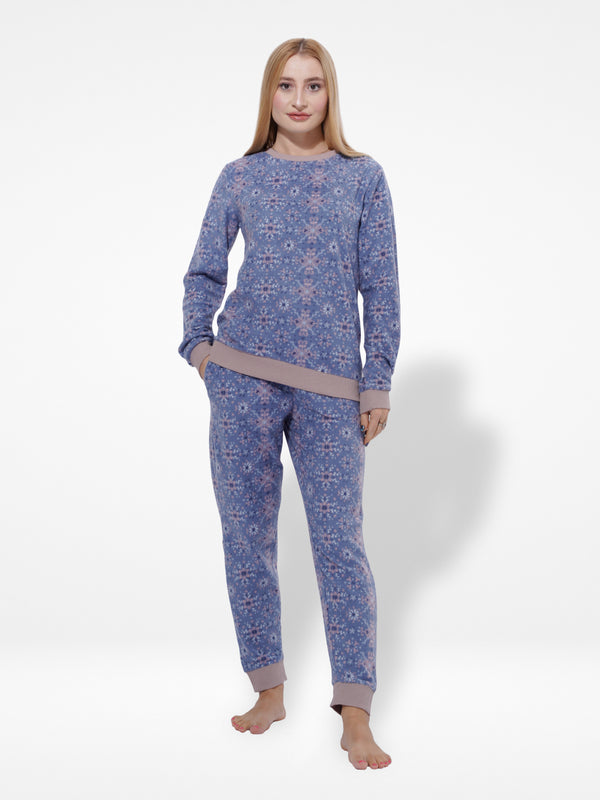 Micro Polar Fleece Blue christmas print Print Women Sleepwear Long Sleeve Pyjama Set