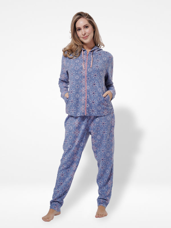 Micro Polar Fleece Blue Star Print Zipper Women Sleepwear Long Sleeve Hoodie