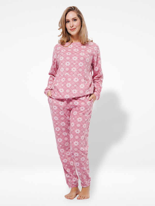 Micro Polar Fleece  Star Print Women Sleepwear Long Sleeve Pyjama Set