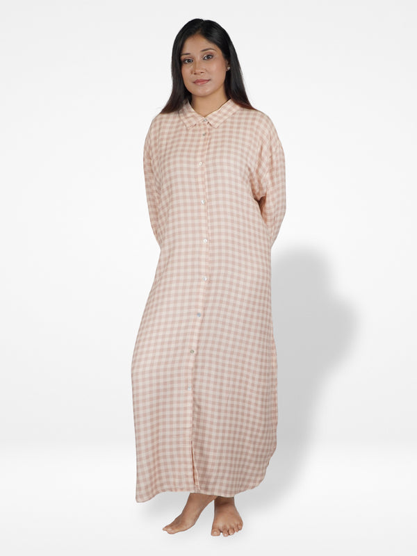 Women's Check Printed Nightgown with Front Buttons.