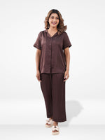 Satin Pajama Set for Women - Button Down, Short Sleeve Long Pant