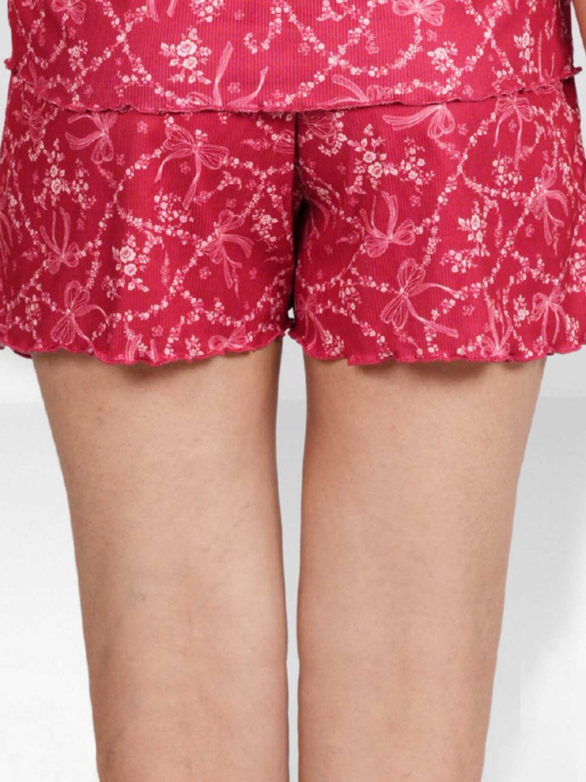 Women’s Pajama Shorts | Printed Sleepwear Shorts | Soft Stretch Yummy Rib Fabric | Elastic Waist Lounge Shorts for Women - Crimson