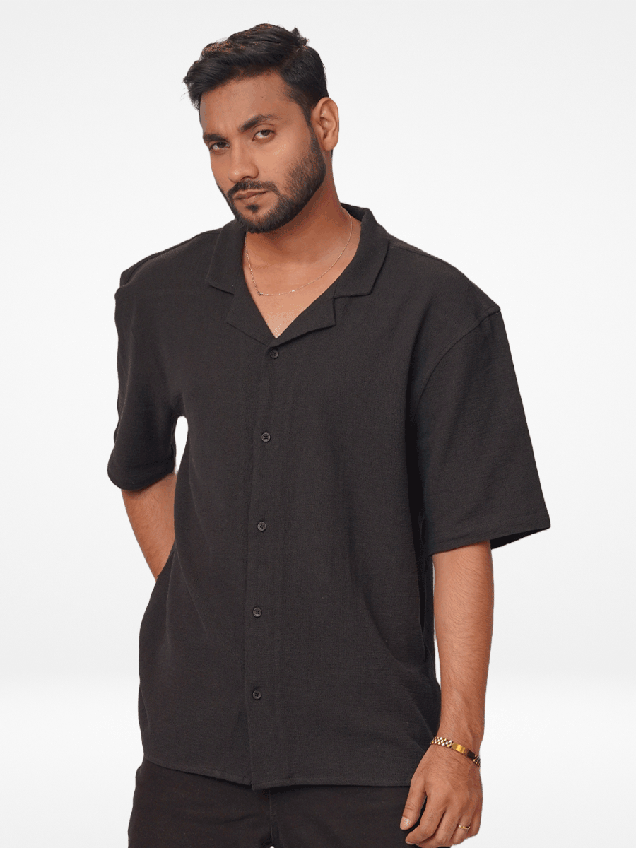 Men's Half-Sleeve Relaxed-Fit Casual Cuban Collar Shirt Black- INTEBLU