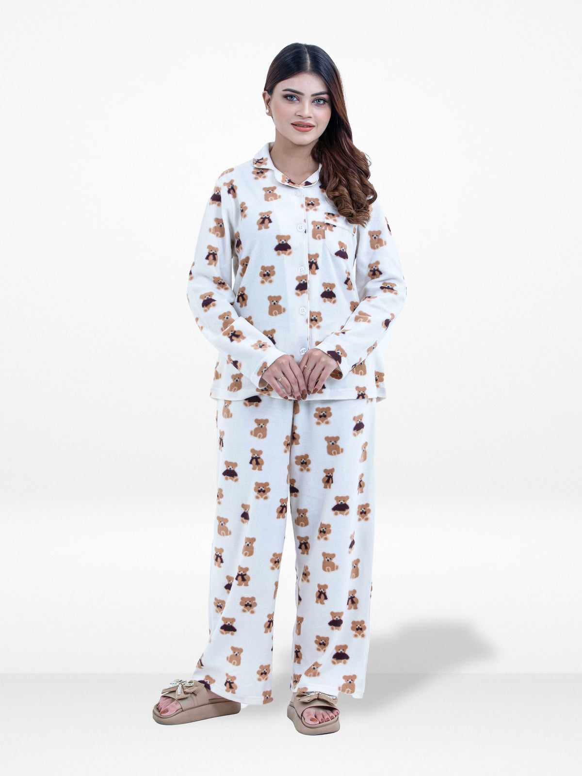 Women’s Teddy Bear Printed Pyjama Set – Micro Polar Fleece Long Sleeve Sleepwear Notch-Collar, Soft & Cozy 2-Piece Winter Nightwear