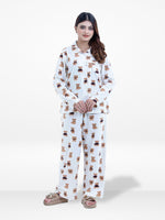 Women’s Teddy Bear Printed Pyjama Set – Micro Polar Fleece Long Sleeve Sleepwear Notch-Collar, Soft & Cozy 2-Piece Winter Nightwear