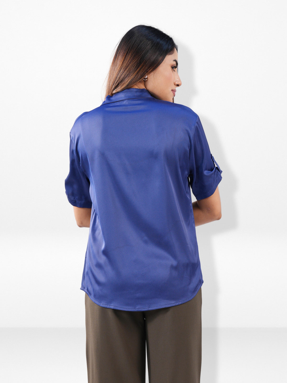 Women’s Short Sleeve Satin Shirt – Spread Collar Button-Down Top | Soft Shiny Formal & Casual Wear