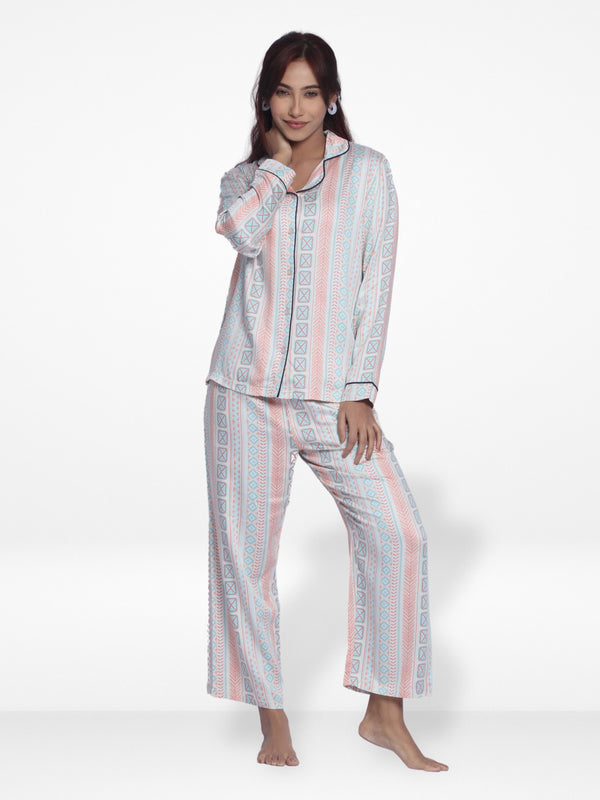 Women White Multistrip  Sleepwear Long Sleeve Pyjama Set