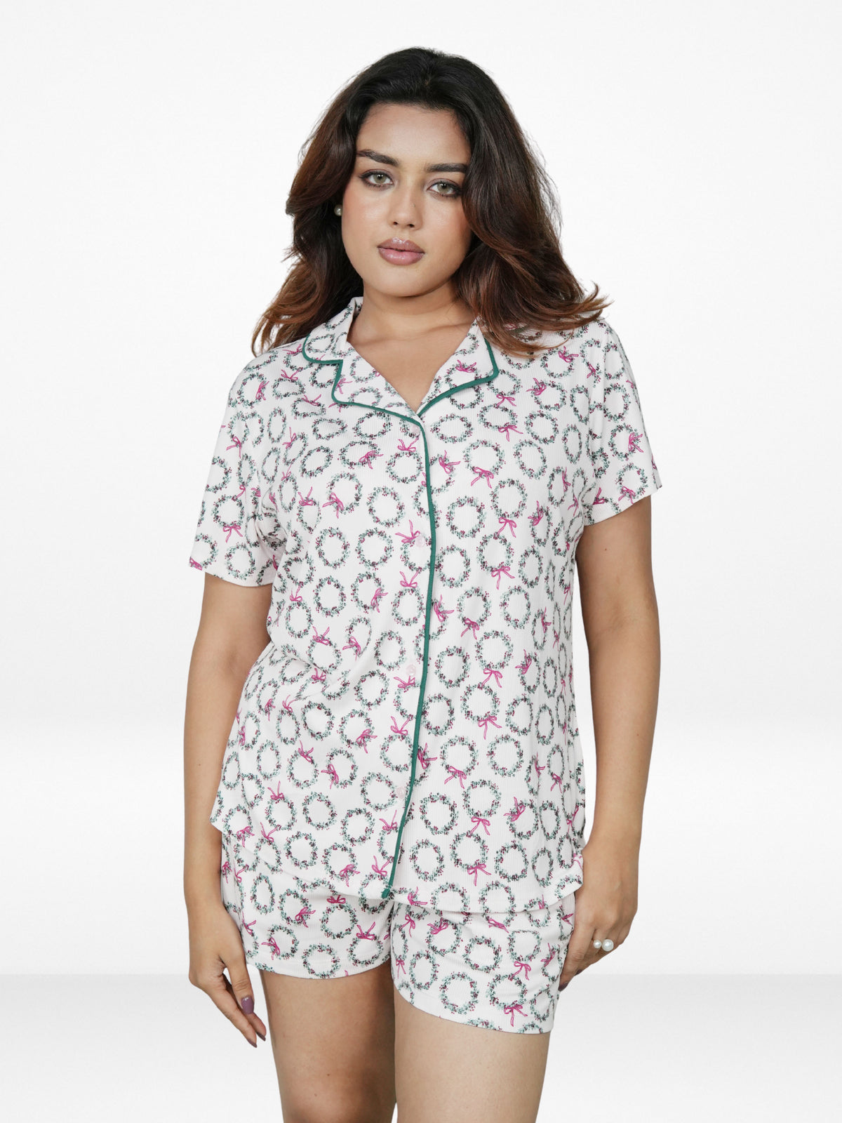 Women’s 3-Piece Pajama Set – Yummy Rib Fabric Sleepwear with Contrast Piping, Notch Collar & Button Down Top,