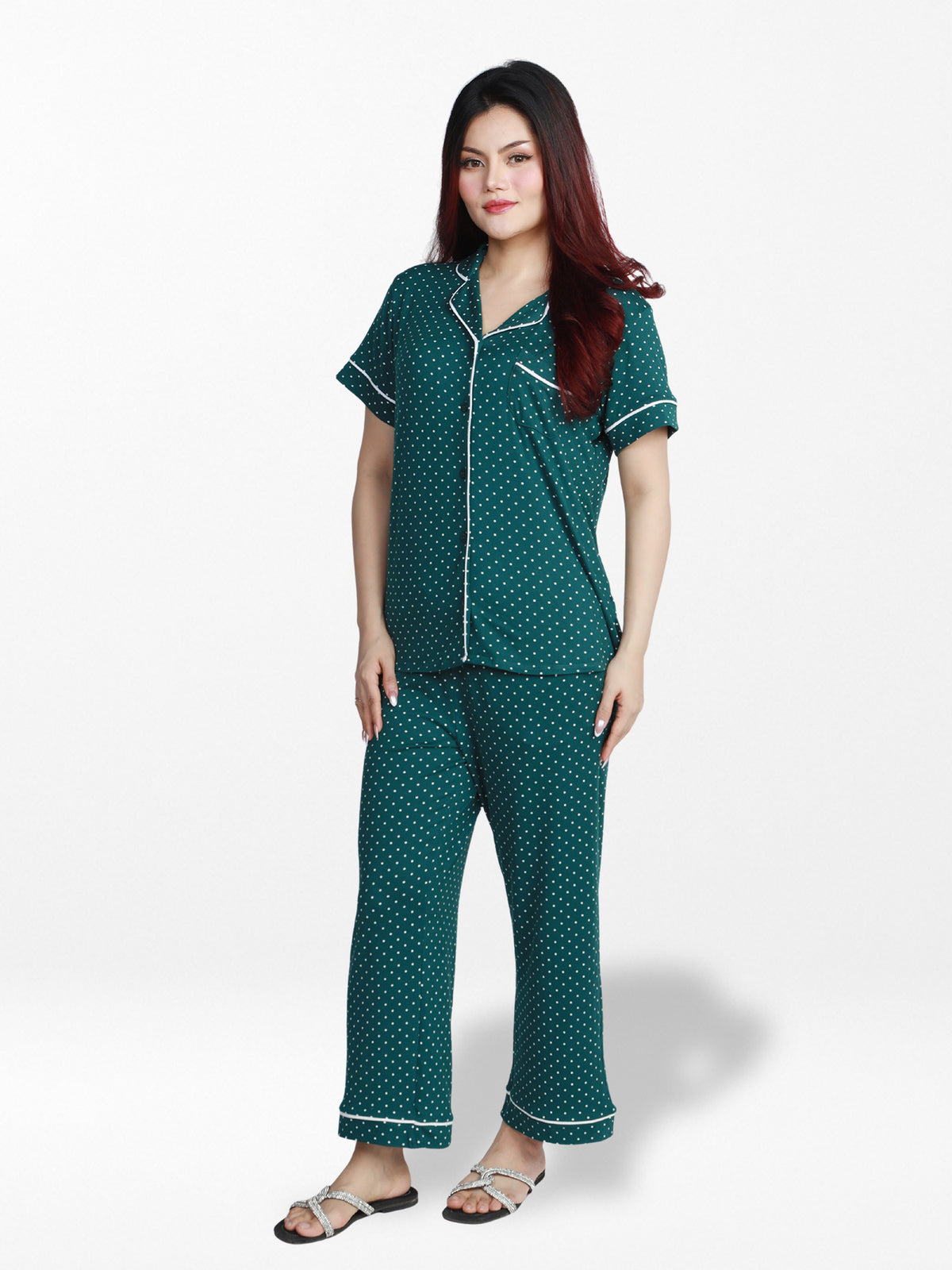 Women Dot PrintedNight Suit Set of Shirt & Pyjama, Night wear DressWomen’s Printed Night Suit Set – Shirt &amp; Pyjama | Soft Nightwear Dress, 2 Piece Sleepwear for Women, Comfortable Loungewear