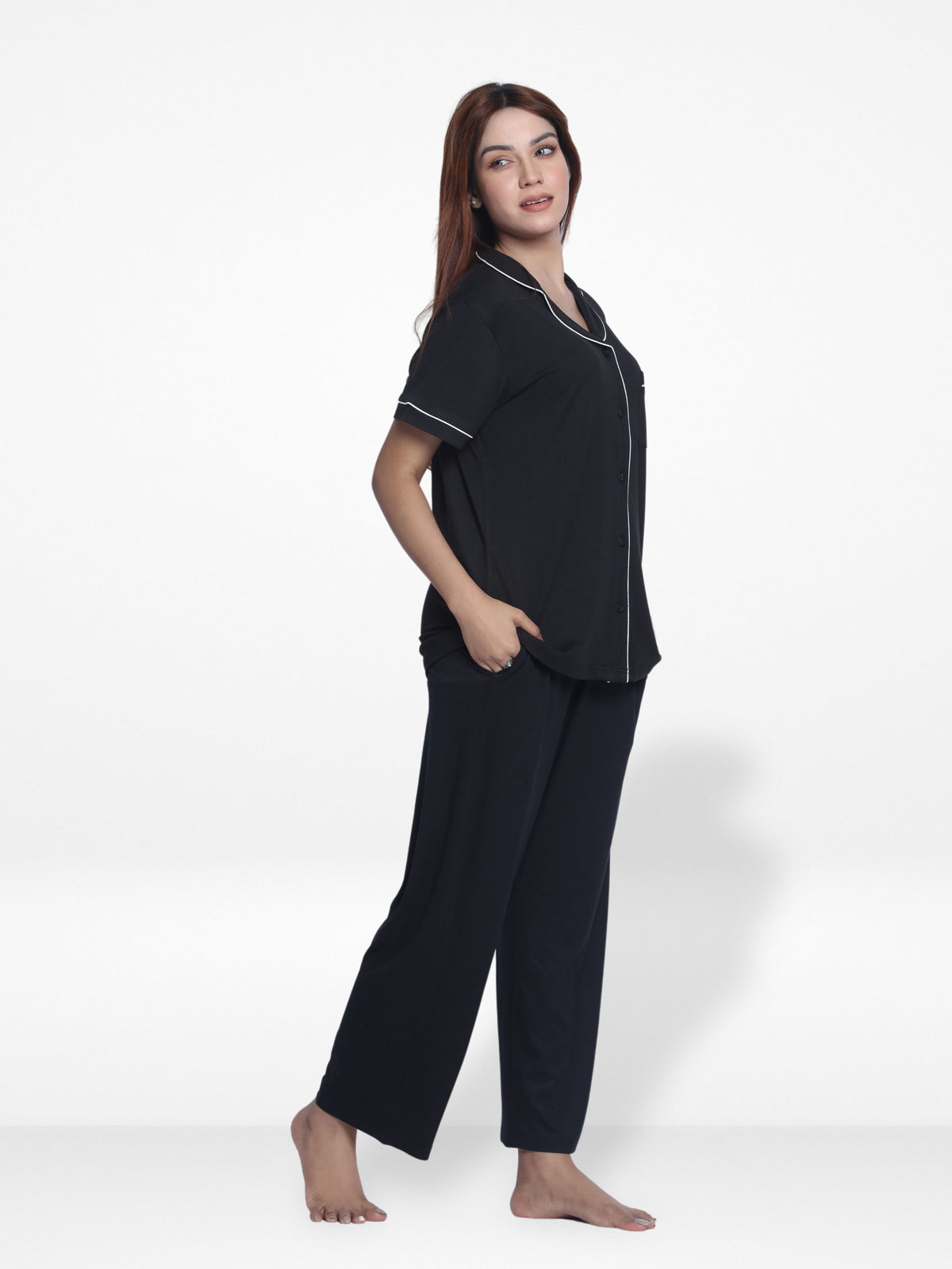 Women Solid Sleepwear Short Sleeve Pyjama Set