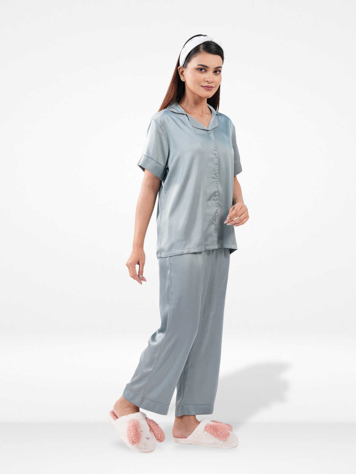Satin Pajama Set for Women - Button Down, Short Sleeve Long Pant