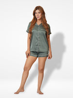 Satin Pajama Set for Women - Contrast Piping, Notch Collar, Button Down, Short Sleeve & Short Pant