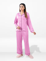 Satin Pajama Set for Women - Contrast Piping, Notch Collar, Button Down, Long Sleeve Long Pant