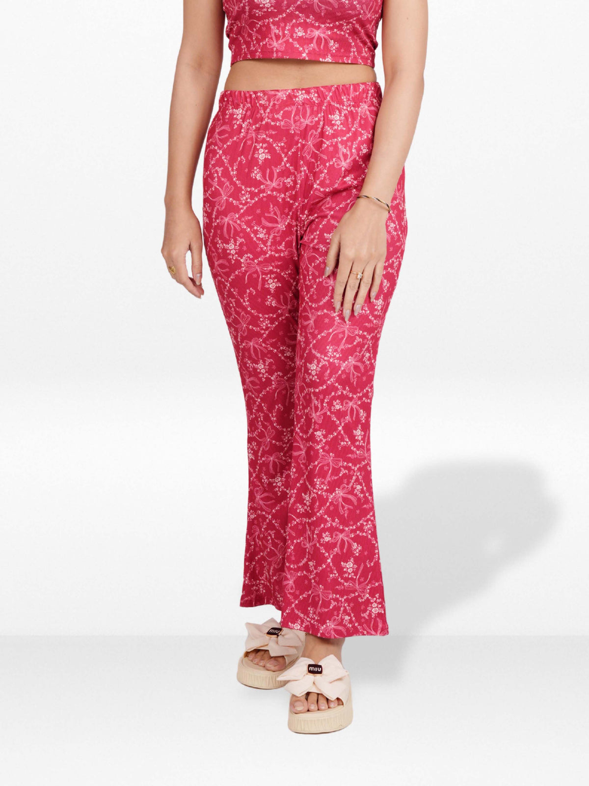 Women’s Printed Palazzo Pants | Wide Leg Lounge Trousers for Women | Soft Stretch Yummy Rib Fabric | Casual & Party Wear Bottoms - Crimson