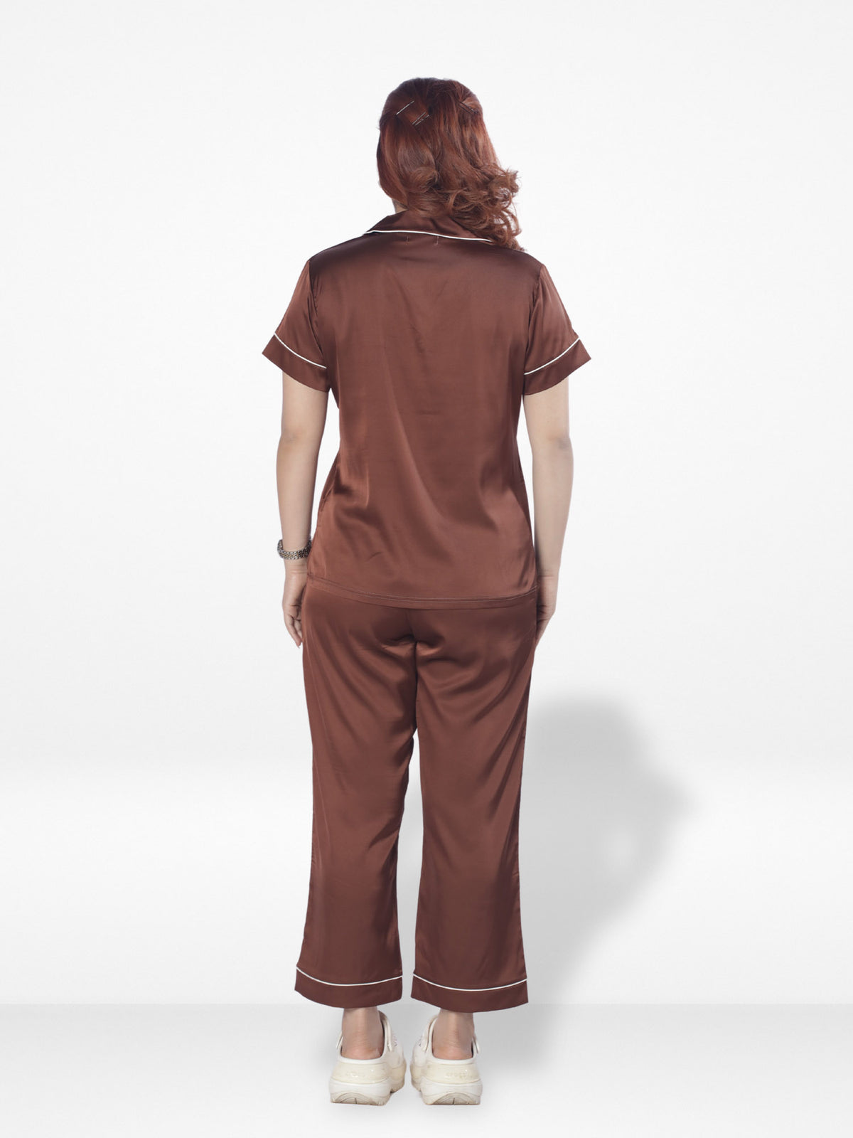 Satin Pajama Set for Women - Contrast Piping, Notch Collar, Button Down, Short Sleeve Long Pant
