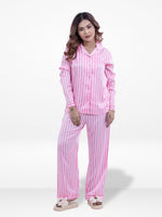 Women’s Satin Pink striped Pajama Set – Long Sleeve Button Down with Notch Collar & Contrast Piping | 2 Piece Silk Sleepwear with Long Pants