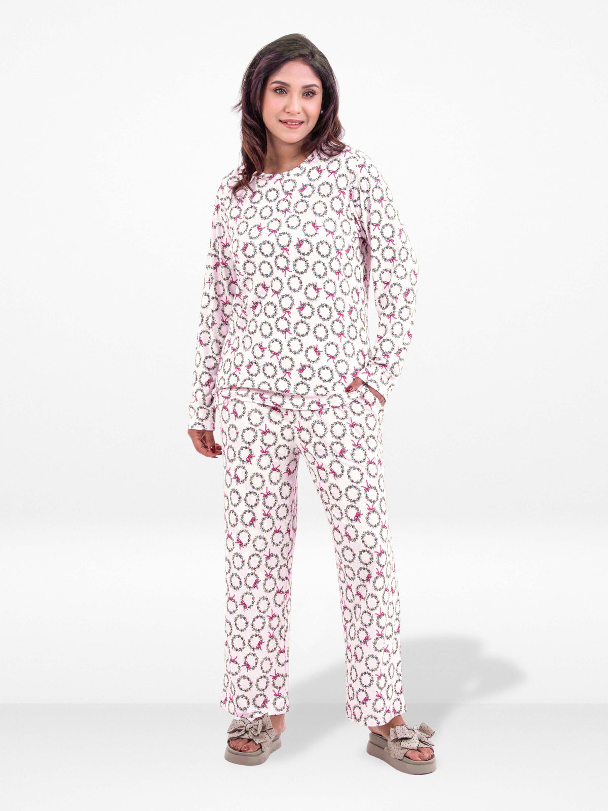 Women’s Crew Neck Collar Sleepwear Set – Long- Sleeve All Over Print Pajama Top &amp; Shorts | Soft, Lightweight &amp; Comfortable Nightwear