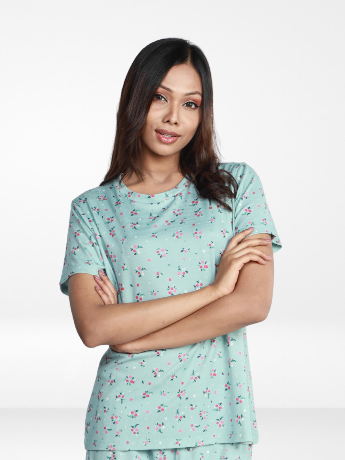 Women’s All Over Printed Short Sleeve Lounge Top | Soft Stretch Yummy Rib Fabric | Crew Neck Casual Sleepwear & Loungewear Top - Ether