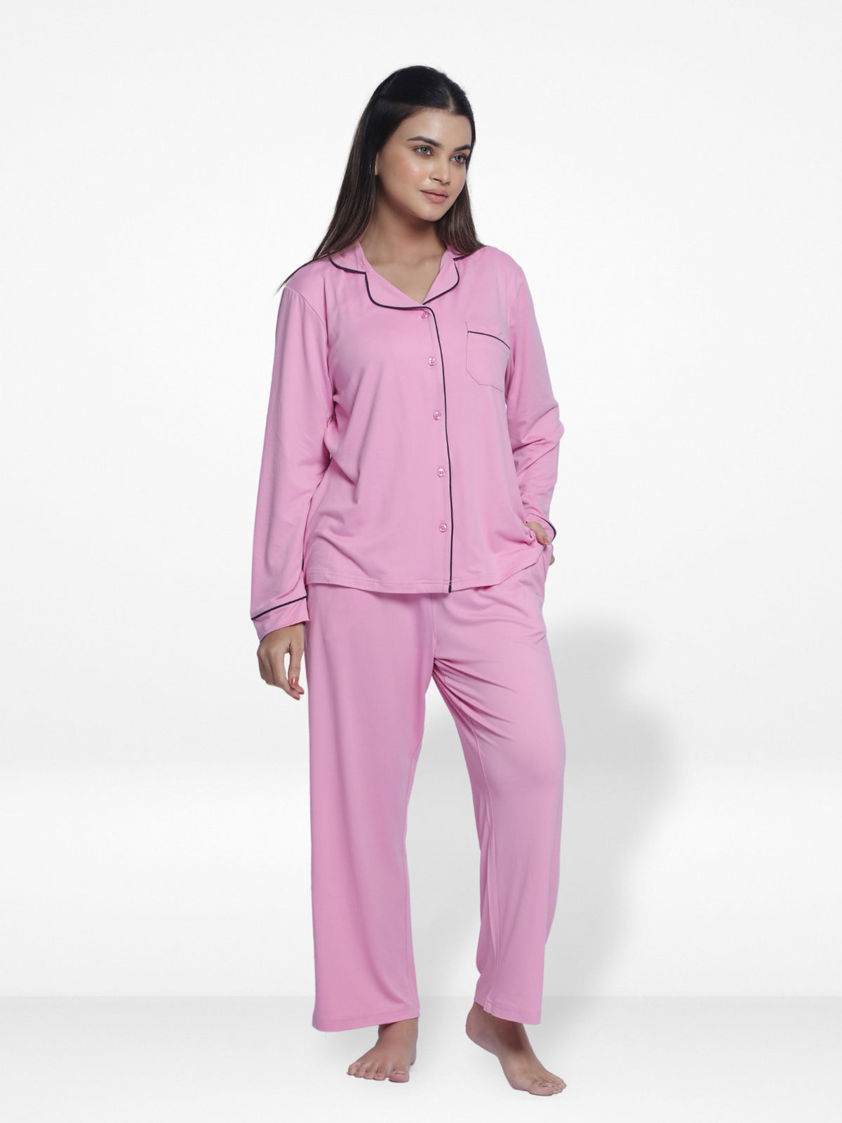 Women Solid Sleepwear Long Sleeve Pyjama Set