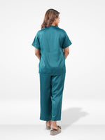 Satin Pajama Set for Women - Button Down, Short Sleeve Long Pant