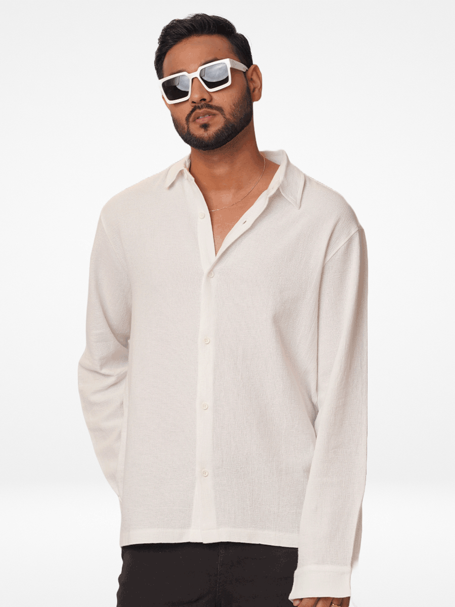 Men's Relaxed-Fit Full-Sleeve Casual Shirt White- INTEBLU