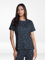 Women’s All Over Printed Short Sleeve Lounge Top | Soft Stretch Yummy Rib Fabric | Crew Neck Casual Sleepwear & Loungewear Top - Navy