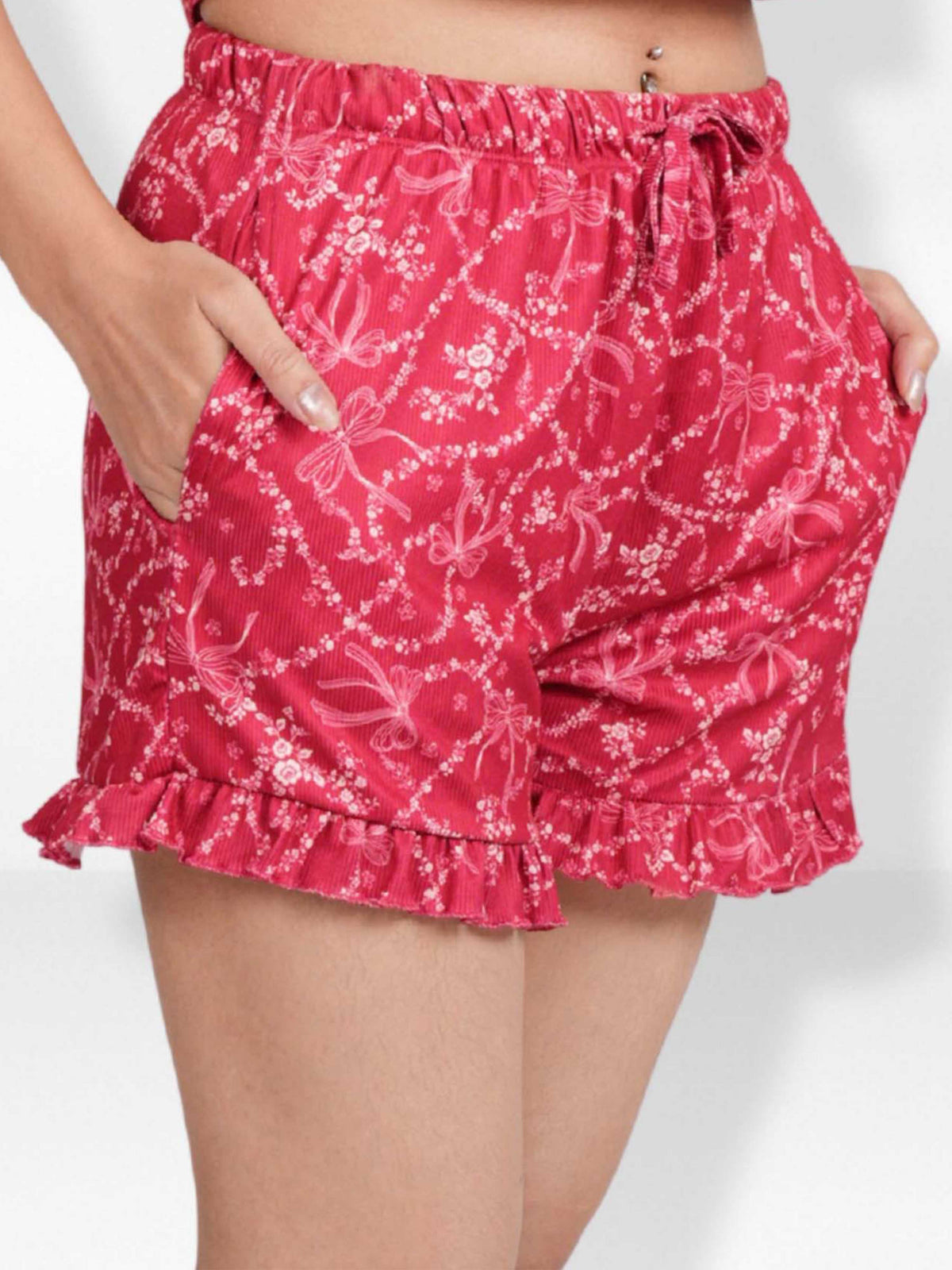 Womens All Over Printed Frill Height Style Bottom Shorts for Trendy Casual Wear - Crimson