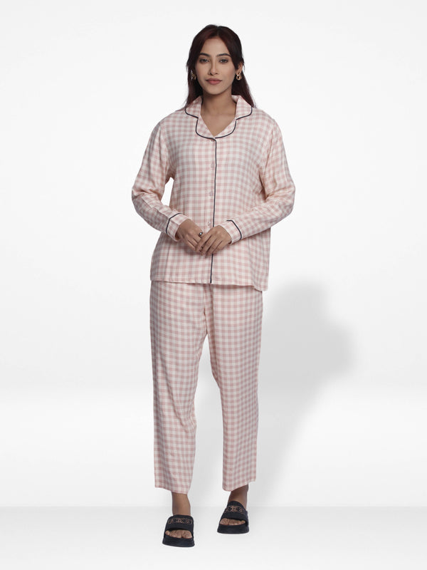 Women Warm Grey Check  Sleepwear Long Sleeve Pyjama Set