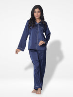 Satin Pajama Set for Women - Contrast Piping, Notch Collar, Button Down, Long Sleeve Long Pant
