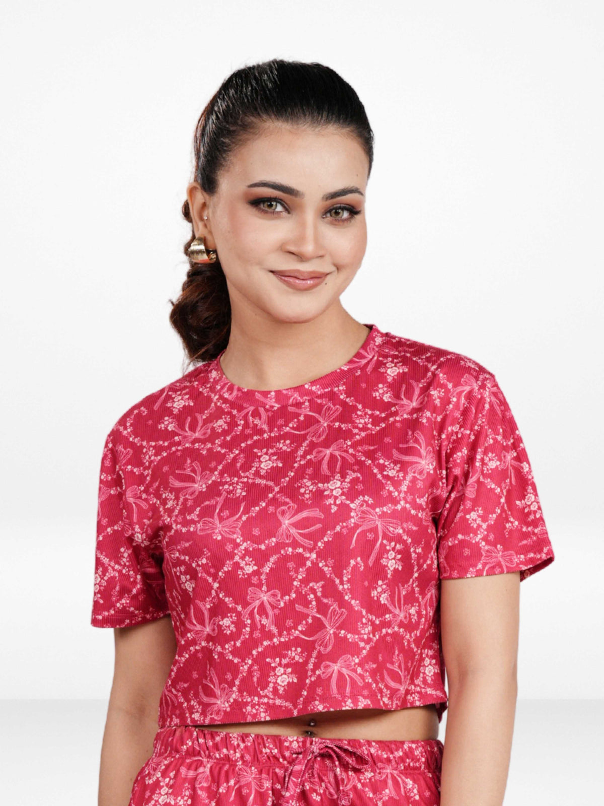 Womens All Over Printed Crop Top and Long Bottom Set Crew Neck Half Sleeve Tee & Matching Bottom | Trendy Casual Two-Piece Wear - Crimson