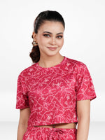 Womens All Over Printed Crop Top and Long Bottom Set Crew Neck Half Sleeve Tee & Matching Bottom | Trendy Casual Two-Piece Wear - Crimson