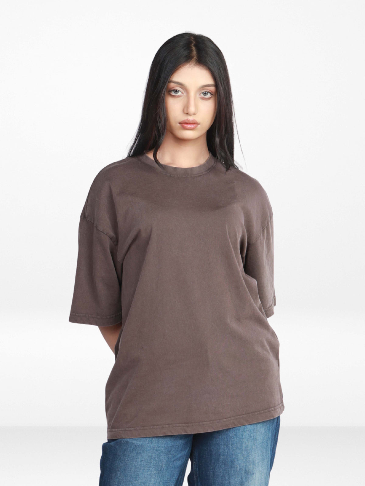 Women’s Drop Shoulder T-Shirt – Classic Solid Short Sleeve Tee, Soft Cotton Blend Comfortable Casual Wear- Brown
