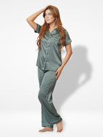 Satin Pajama Set for Women - Contrast Piping, Notch Collar, Button Down, Short SleeveLong Pant