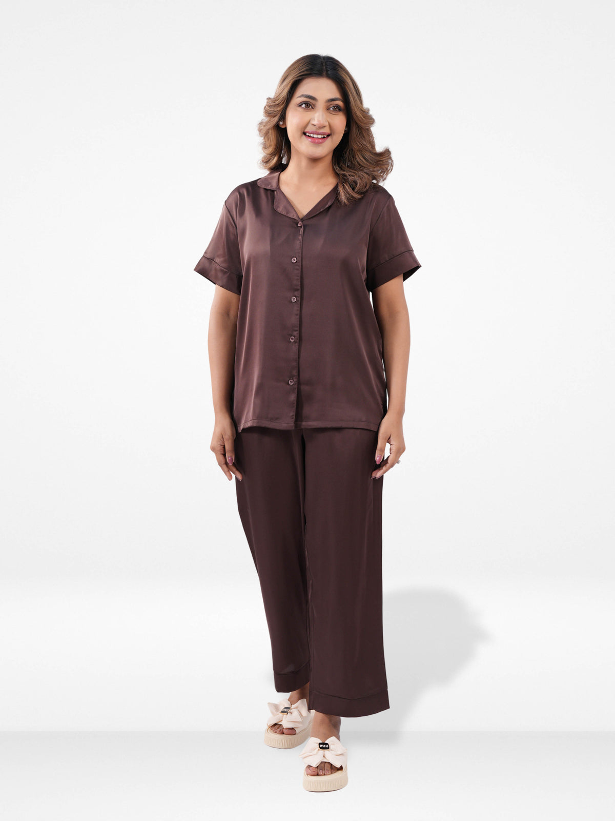 Satin Pajama Set for Women - Button Down, Short Sleeve Long Pant